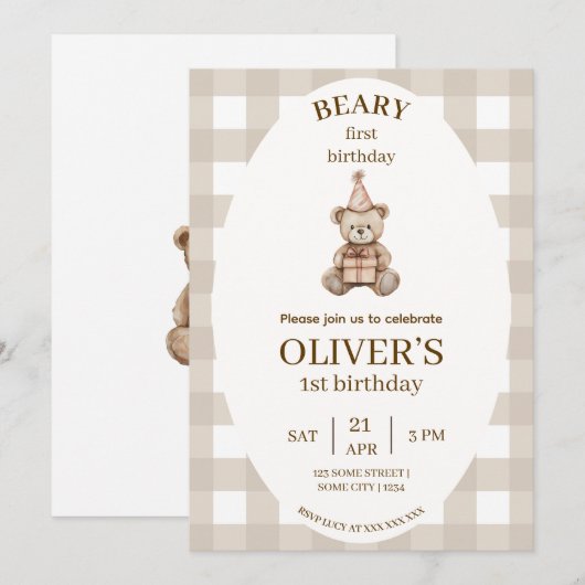 Beary First Birthday Invitation Gingham Editable 招待状 (正面/裏面)