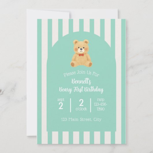 Beary First Birthday Invitation | Teal 招待状 (正面)