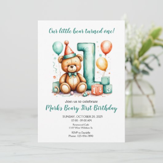 Beary First Birthday Invite, Cute Bear 1st invite 招待状 (スタンド正面)