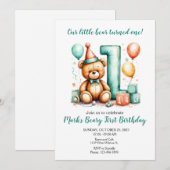 Beary First Birthday Invite, Cute Bear 1st invite 招待状 (正面/裏面)