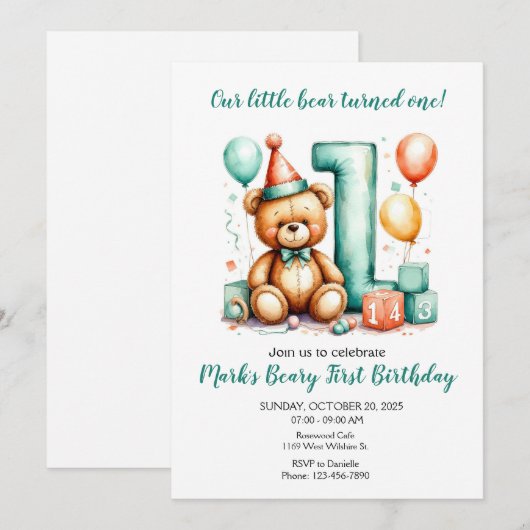 Beary First Birthday Invite, Cute Bear 1st invite 招待状 (正面/裏面)
