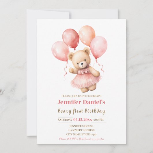 Beary First Birthday Invite with Pink Balloons 招待状 (正面)