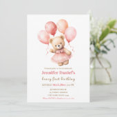 Beary First Birthday Invite with Pink Balloons 招待状 (スタンド正面)