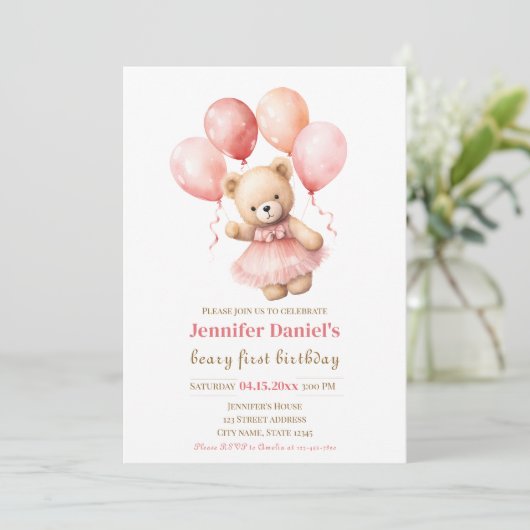 Beary First Birthday Invite with Pink Balloons 招待状 (スタンド正面)