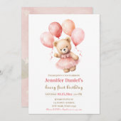 Beary First Birthday Invite with Pink Balloons 招待状 (正面/裏面)