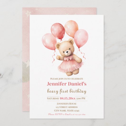 Beary First Birthday Invite with Pink Balloons 招待状 (正面/裏面)