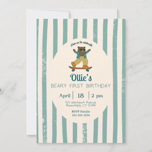 Beary First Birthday Party Invitation 招待状 (正面)