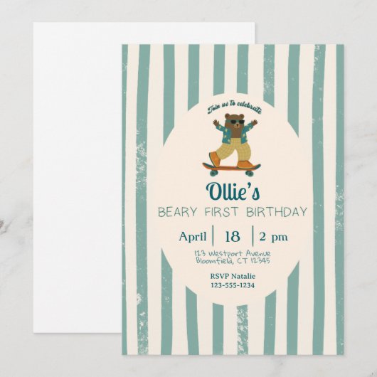 Beary First Birthday Party Invitation 招待状 (正面/裏面)