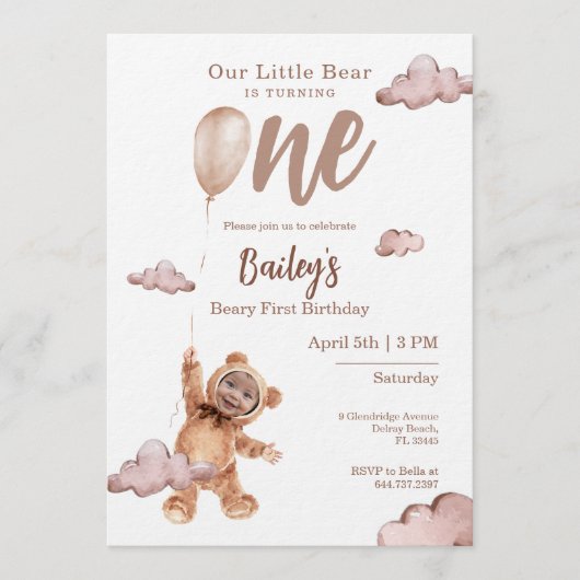 Beary First Birthday Photo Invitation 招待状 (正面)