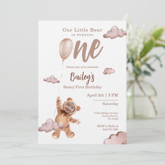 Beary First Birthday Photo Invitation 招待状 (スタンド正面)