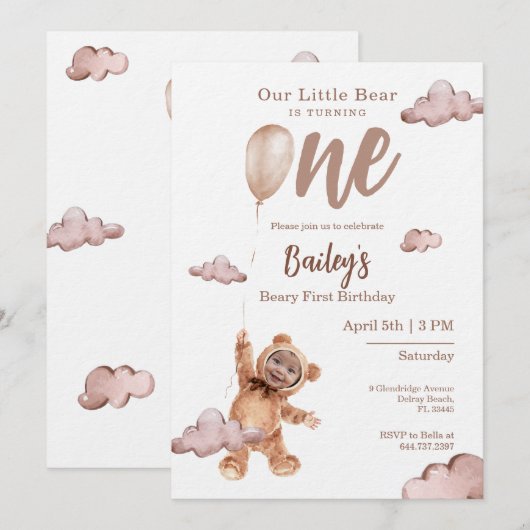 Beary First Birthday Photo Invitation 招待状 (正面/裏面)