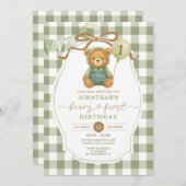 Beary First Birthday Pumpkin Sage Green Gingham 招待状 (正面/裏面)