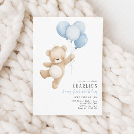 Beary First Blue Balloon Boy 1st Birthday Teddy 招待状