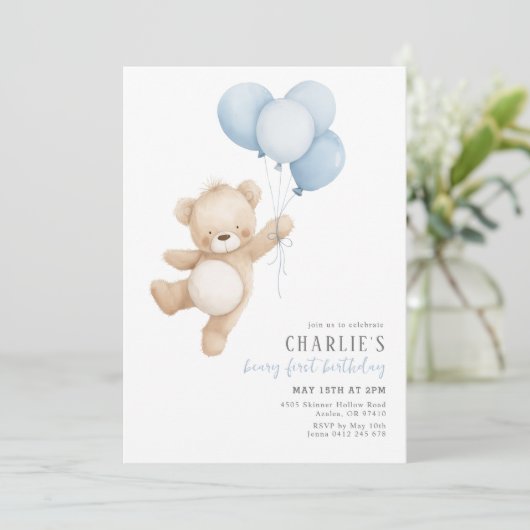 Beary First Blue Balloon Boy 1st Birthday Teddy 招待状 (スタンド正面)