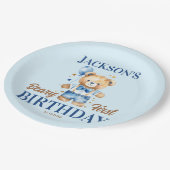 Beary first boys birthday cute teddy blue balloon ペーパープレート (アングル)