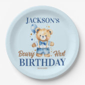 Beary first boys birthday cute teddy blue balloon ペーパープレート (正面)