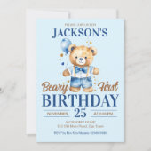 Beary first boys birthday cute teddy blue balloon 招待状 (正面)