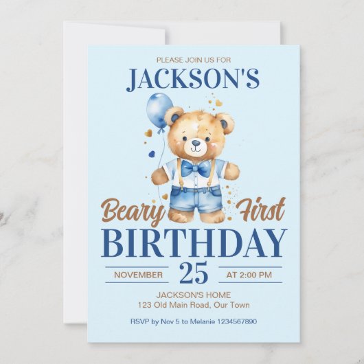 Beary first boys birthday cute teddy blue balloon 招待状 (正面)