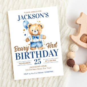 Beary first boys birthday cute teddy blue balloon 招待状