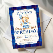 Beary first boys birthday cute teddy blue balloon 招待状
