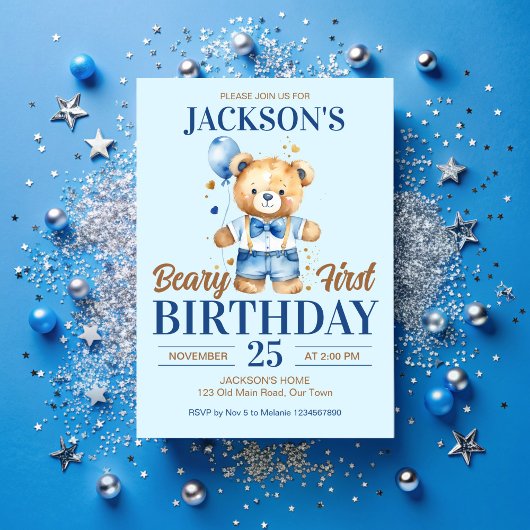Beary first boys birthday cute teddy blue balloon 招待状