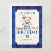 Beary first boys birthday cute teddy blue balloon 招待状 (正面)