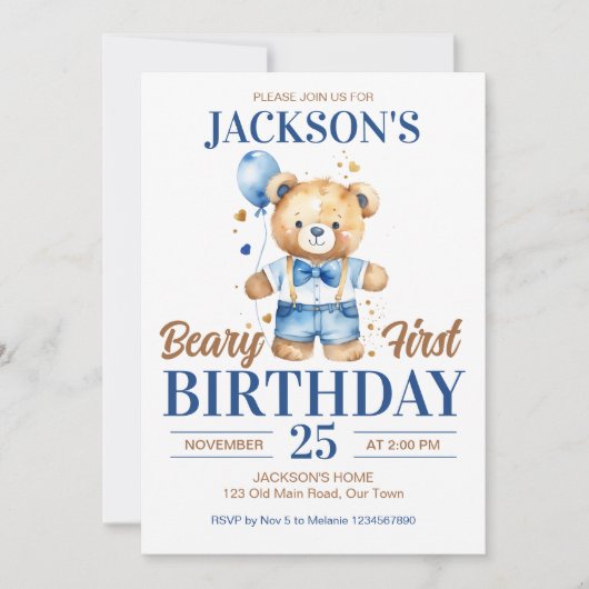 Beary first boys birthday cute teddy blue balloon 招待状 (正面)