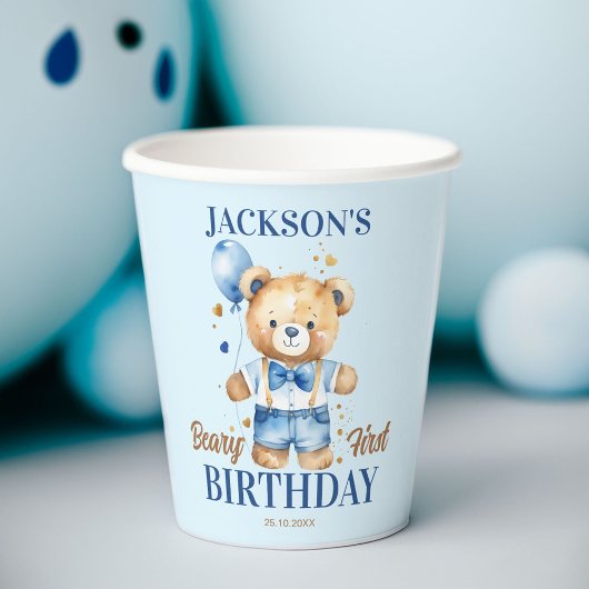 Beary first boys birthday cute teddy blue balloon 紙コップ