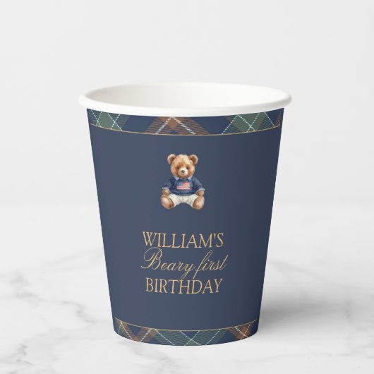 Beary First Navy Plaid Teddy Bear Birthday  紙コップ (正面)