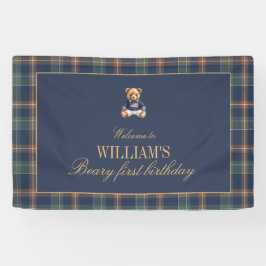 Beary First Navy Plaid Teddy Bear Birthday Banner  横断幕