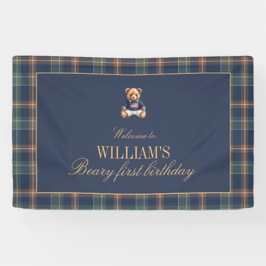 Beary First Navy Plaid Teddy Bear Birthday Banner  横断幕 (横)
