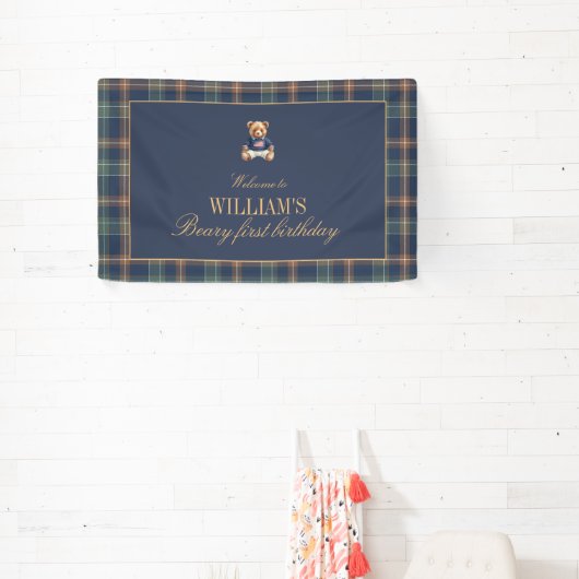 Beary First Navy Plaid Teddy Bear Birthday Banner  横断幕 (インサイチュ)