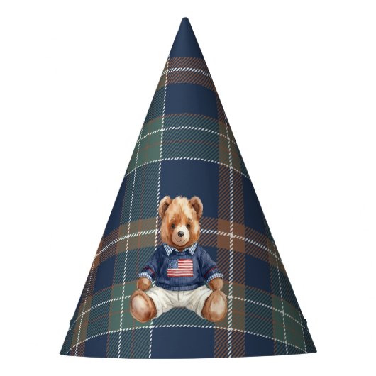 Beary First Navy Plaid Teddy Bear Birthday Party H パーティーハット (正面)