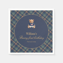 Beary First Navy Plaid Teddy Bear Boy Birthday  スタンダードカクテルナプキン