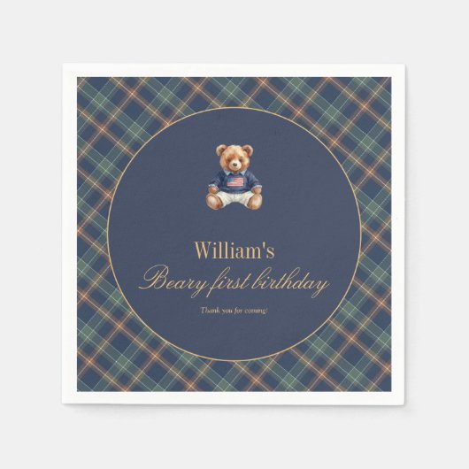 Beary First Navy Plaid Teddy Bear Boy Birthday  スタンダードカクテルナプキン (正面)