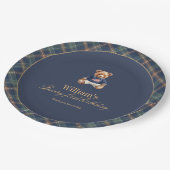 Beary First Navy Plaid Teddy Bear Boy Birthday  ペーパープレート (アングル)