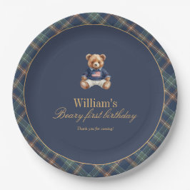 Beary First Navy Plaid Teddy Bear Boy Birthday  ペーパープレート