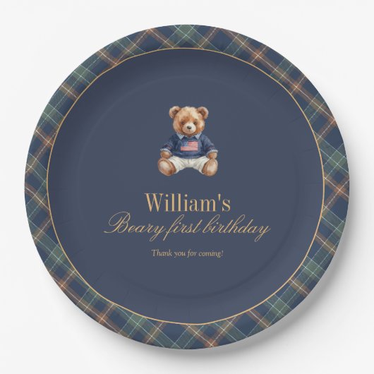Beary First Navy Plaid Teddy Bear Boy Birthday  ペーパープレート (正面)