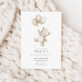 Beary First Neutral Balloon Boy 1st Birthday Teddy 招待状