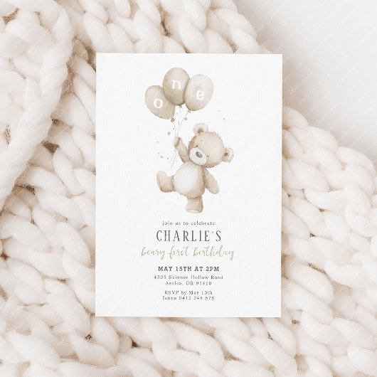 Beary First Neutral Balloon Boy 1st Birthday Teddy 招待状