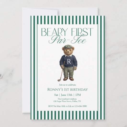 Beary First Par-Tee Golf 1st Birthday 招待状 (正面)