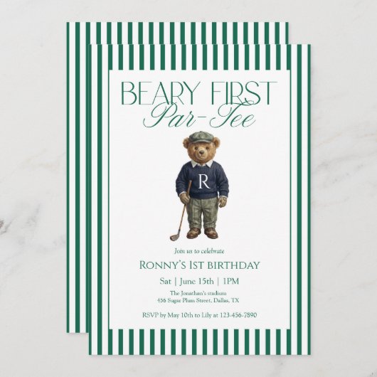 Beary First Par-Tee Golf 1st Birthday 招待状 (正面/裏面)