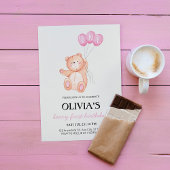 Beary First Pink Balloon 1st Birthday Teddy 招待状