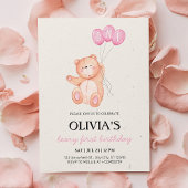 Beary First Pink Balloon 1st Birthday Teddy 招待状