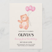 Beary First Pink Balloon 1st Birthday Teddy 招待状 (正面)