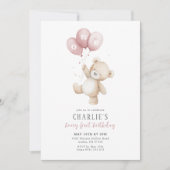 Beary First Pink Balloon Boy 1st Birthday Teddy 招待状 (正面)