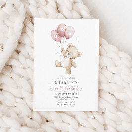 Beary First Pink Balloon Boy 1st Birthday Teddy 招待状