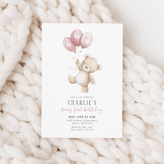 Beary First Pink Balloon Boy 1st Birthday Teddy 招待状
