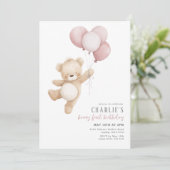 Beary First Pink Balloon Girls 1st Birthday Teddy 招待状 (スタンド正面)