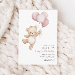 Beary First Pink Balloon Girls 1st Birthday Teddy 招待状